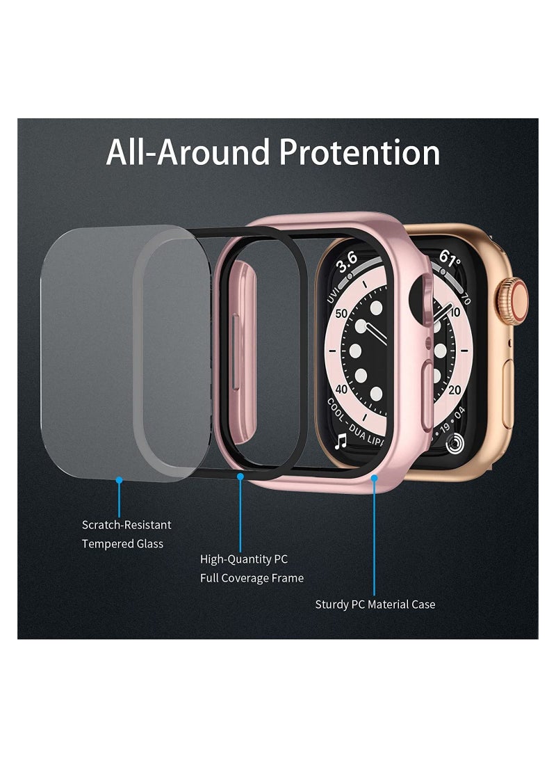 حافظة ساعة أبل 45 مم مع واقي شاشة، تغطية كاملة خالية من الفقاعات لسلسلة iWatch 7، 45 مم وردي/ذهبي وردي