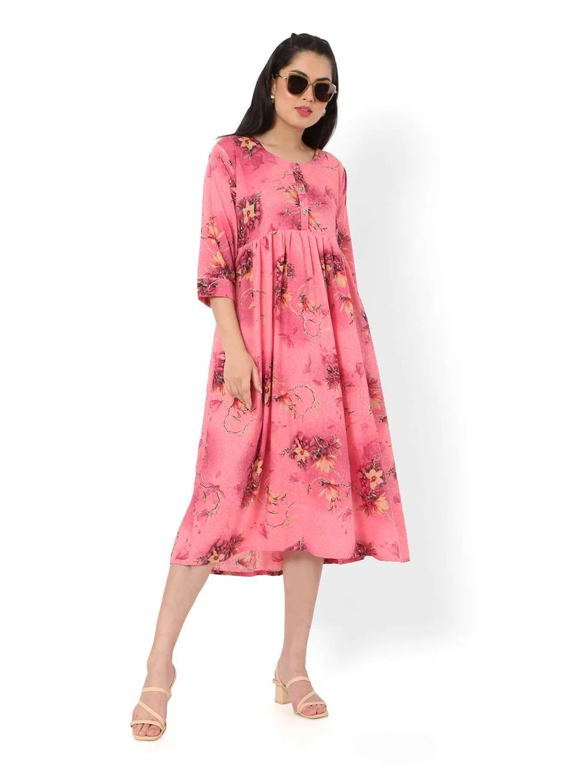 هانا آند سارا SHORT PINK COLOUR HIGH QUALITY FLORAL PRINTED WITH FRONT BUTTONED STYLED ARABIC KAFTAN JALABIYA DRESS