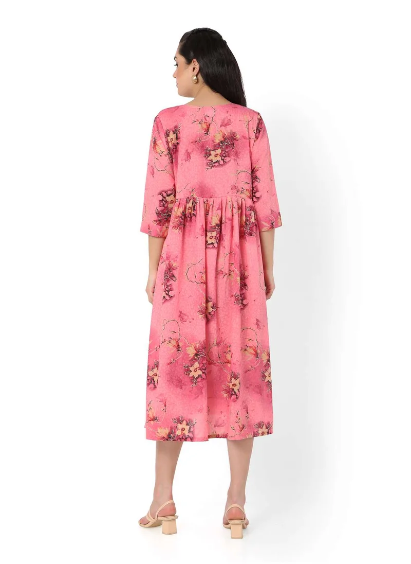 هانا آند سارا SHORT PINK COLOUR HIGH QUALITY FLORAL PRINTED WITH FRONT BUTTONED STYLED ARABIC KAFTAN JALABIYA DRESS