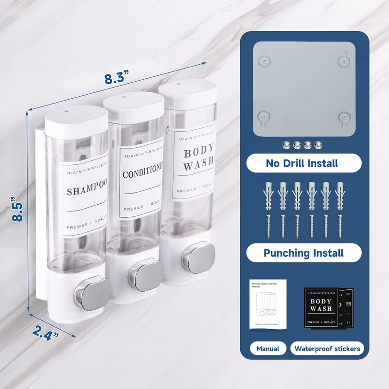 EVVIX Wall Mounted 3-Chamber Soap Dispenser for Bathroom | Shampoo, Conditioner & Body Wash Refillable Bottle Set | Lockable, Leak-Proof, Transparent View | Shower & Kitchen Organizer, No Drill (White) - Image 5