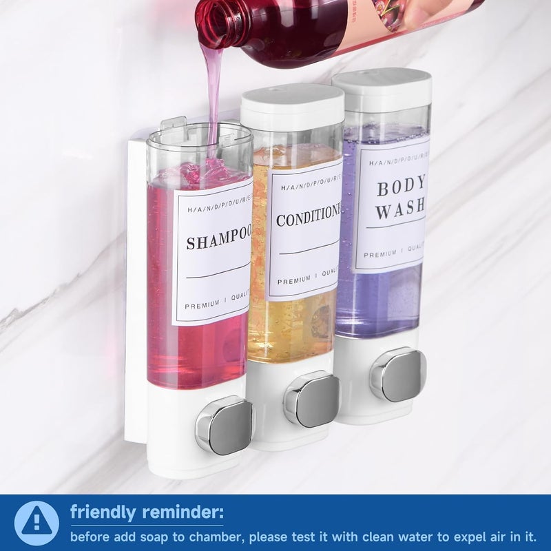 EVVIX Wall Mounted 3-Chamber Soap Dispenser for Bathroom | Shampoo, Conditioner & Body Wash Refillable Bottle Set | Lockable, Leak-Proof, Transparent View | Shower & Kitchen Organizer, No Drill (White) - Image 3