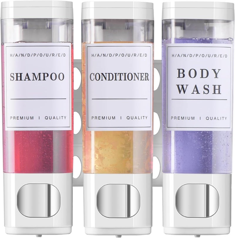 EVVIX Wall Mounted 3-Chamber Soap Dispenser for Bathroom | Shampoo, Conditioner & Body Wash Refillable Bottle Set | Lockable, Leak-Proof, Transparent View | Shower & Kitchen Organizer, No Drill (White) - Image 1