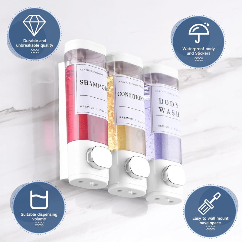 EVVIX Wall Mounted 3-Chamber Soap Dispenser for Bathroom | Shampoo, Conditioner & Body Wash Refillable Bottle Set | Lockable, Leak-Proof, Transparent View | Shower & Kitchen Organizer, No Drill (White) - Image 2