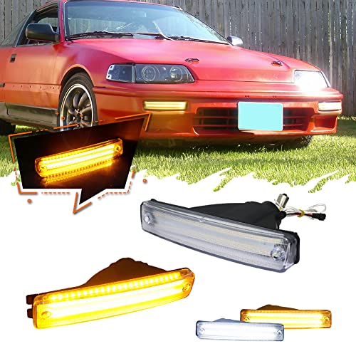 TurningMax For 1990 1991 Honda CR-X/CRX Front Bumper Turn Signal Lights HO2530108 + HO2531108 Clear Lens 2 in 1 Amber/White Lights - Image 1