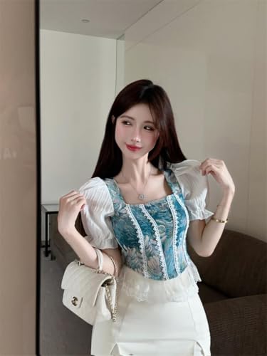 ICW Women Polyester French Retro Style Floral Jacquard Square Neck Smock Half Puff Sleeve Ruffled Crop Blouse Corset Top Dn96 (In, Alpha, S, Regular, White) - Image 5