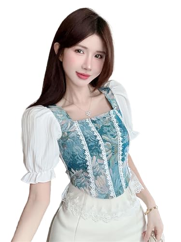 ICW Women Polyester French Retro Style Floral Jacquard Square Neck Smock Half Puff Sleeve Ruffled Crop Blouse Corset Top Dn96 (In, Alpha, S, Regular, White) - Image 1