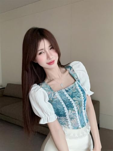 ICW Women Polyester French Retro Style Floral Jacquard Square Neck Smock Half Puff Sleeve Ruffled Crop Blouse Corset Top Dn96 (In, Alpha, S, Regular, White) - Image 4