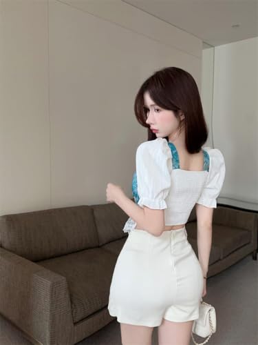 ICW Women Polyester French Retro Style Floral Jacquard Square Neck Smock Half Puff Sleeve Ruffled Crop Blouse Corset Top Dn96 (In, Alpha, S, Regular, White) - Image 3