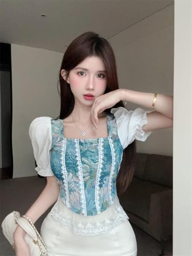 ICW Women Polyester French Retro Style Floral Jacquard Square Neck Smock Half Puff Sleeve Ruffled Crop Blouse Corset Top Dn96 (In, Alpha, S, Regular, White) - Image 2