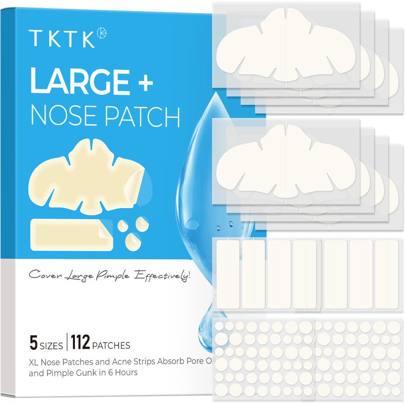 TKTK Hydrocolloid Nose Patches, XL Nose Pore Strips 91 x 48 mm, Large Hydrocolloid Acne Pimple Patches for Face, Cover Zit Blemishes & Absorb Oil (Nose Contoured, Strip, Dots 5 Sizes 112 Count) - Image 1