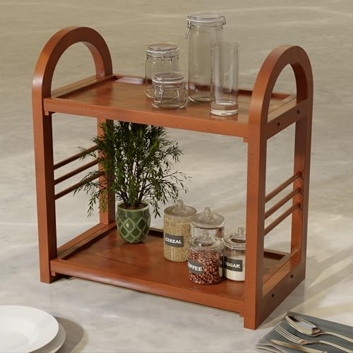 World Mart® Wooden Kitchen Counter Top Organizer | 2-Tier Corner Shelf Rack | Walnut Finish Multipurpose Storage Stand for Spices, Oils, Jars, Makeup, Office & Home | DIY Assembly | 18x18x11 Inches - Image 1