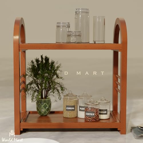 World Mart® Wooden Kitchen Counter Top Organizer | 2-Tier Corner Shelf Rack | Walnut Finish Multipurpose Storage Stand for Spices, Oils, Jars, Makeup, Office & Home | DIY Assembly | 18x18x11 Inches - Image 5