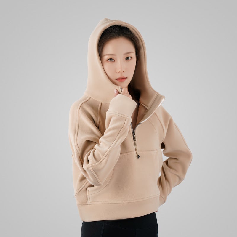 Generic lulu autumn and winter sweater short hooded pullover yoga sweater half zipper Oli velvet sports sweater coat for women Khaki hooded