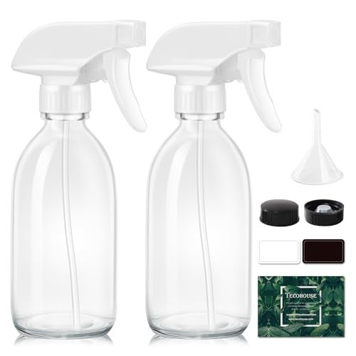 Tecohouse Glass Spray Bottle 8 oz, Clear Small Empty Refillable Sprayer Container with Labels, Funnel, Lids, Graduated Pipettes - Handheld Size - Image 1
