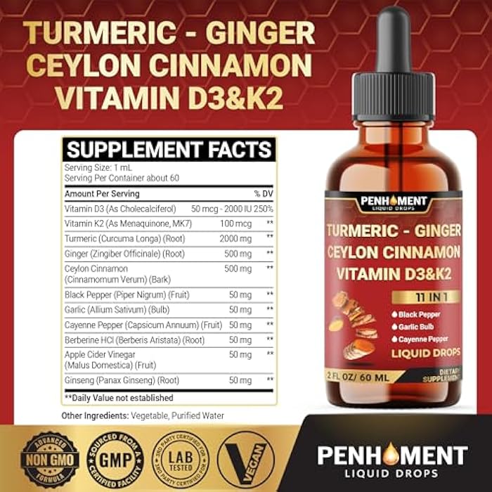 Penhoment 11in1 Liquid Turmeric Curcumin with Ginger, Ceylon Cinnamon, Berberine Extract, Garlic, Black Pepper - Drops Extract - 2 Fl Oz - 2 Month Supply - Image 2