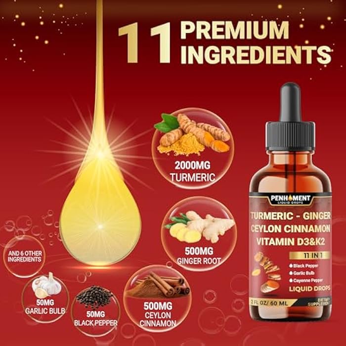 Penhoment 11in1 Liquid Turmeric Curcumin with Ginger, Ceylon Cinnamon, Berberine Extract, Garlic, Black Pepper - Drops Extract - 2 Fl Oz - 2 Month Supply - Image 3