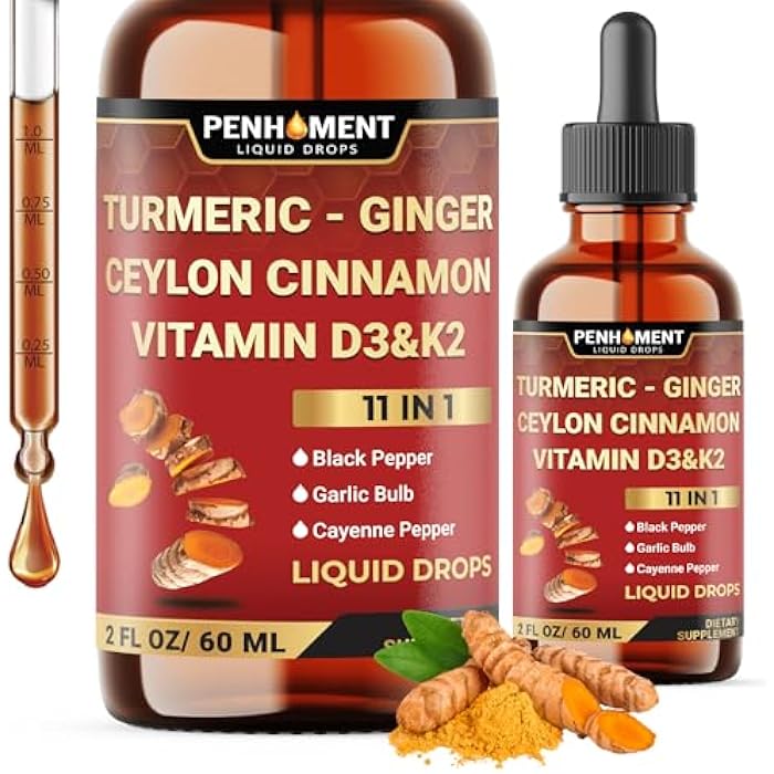 Penhoment 11in1 Liquid Turmeric Curcumin with Ginger, Ceylon Cinnamon, Berberine Extract, Garlic, Black Pepper - Drops Extract - 2 Fl Oz - 2 Month Supply - Image 1