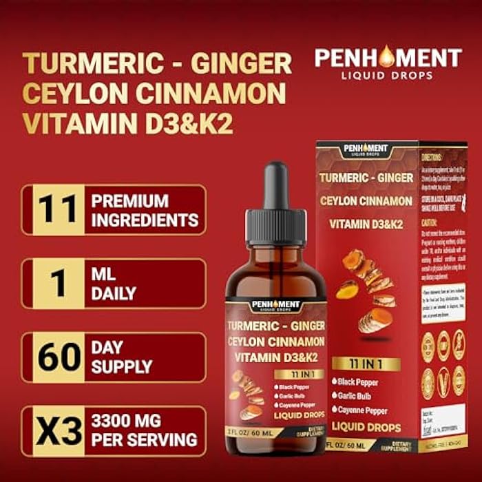 Penhoment 11in1 Liquid Turmeric Curcumin with Ginger, Ceylon Cinnamon, Berberine Extract, Garlic, Black Pepper - Drops Extract - 2 Fl Oz - 2 Month Supply - Image 5