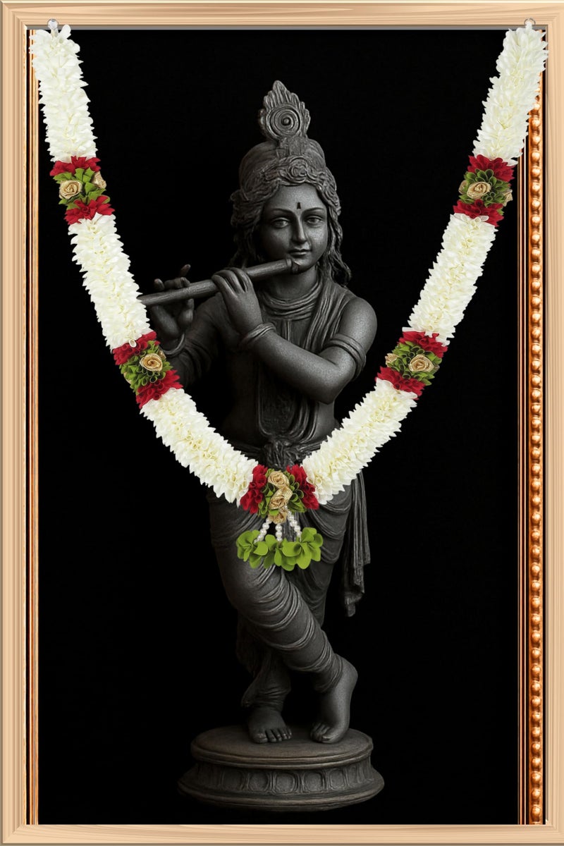 Daedal crafters Off White Flower Garland for Pooja Mandir Decoration, Flower Garland for Pooja Mandir Decoration, Haar Mala for God Idols & Photo Frame, Photo Frames of Loved Ones & Pitra (60 inch) - Image 1