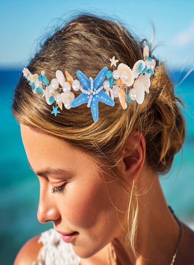 يان طوق شعر زفاف من يان، مصنوع من صدفة البحر، بتصميم حورية البحر ونجم البحر، مزين باللؤلؤ، وإكسسوارات شعر شاطئية للنساء - Image 4