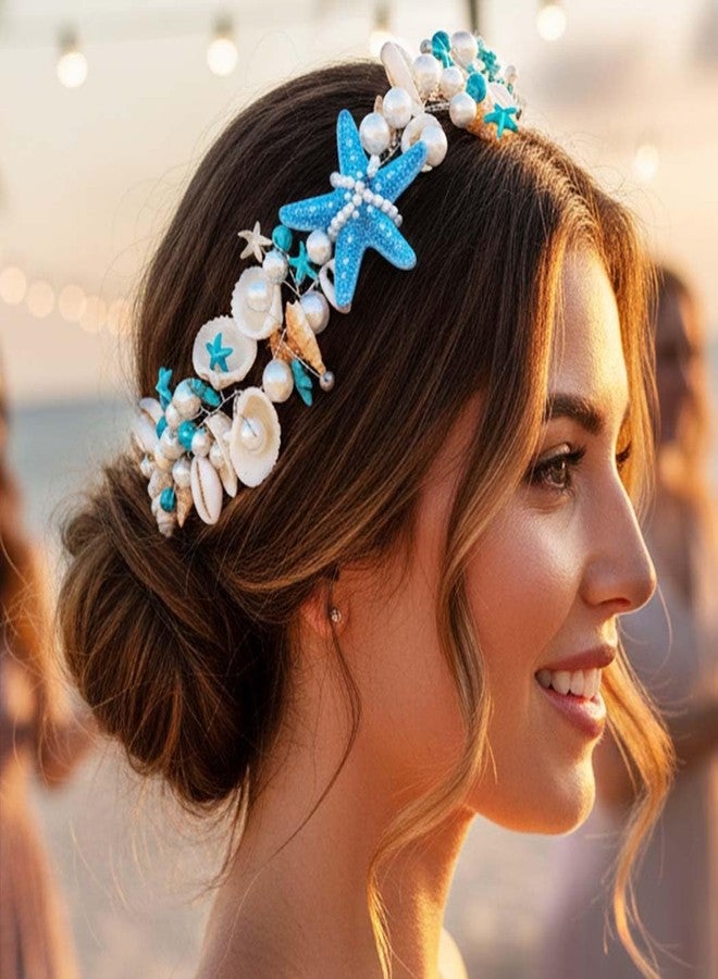 يان طوق شعر زفاف من يان، مصنوع من صدفة البحر، بتصميم حورية البحر ونجم البحر، مزين باللؤلؤ، وإكسسوارات شعر شاطئية للنساء - Image 1