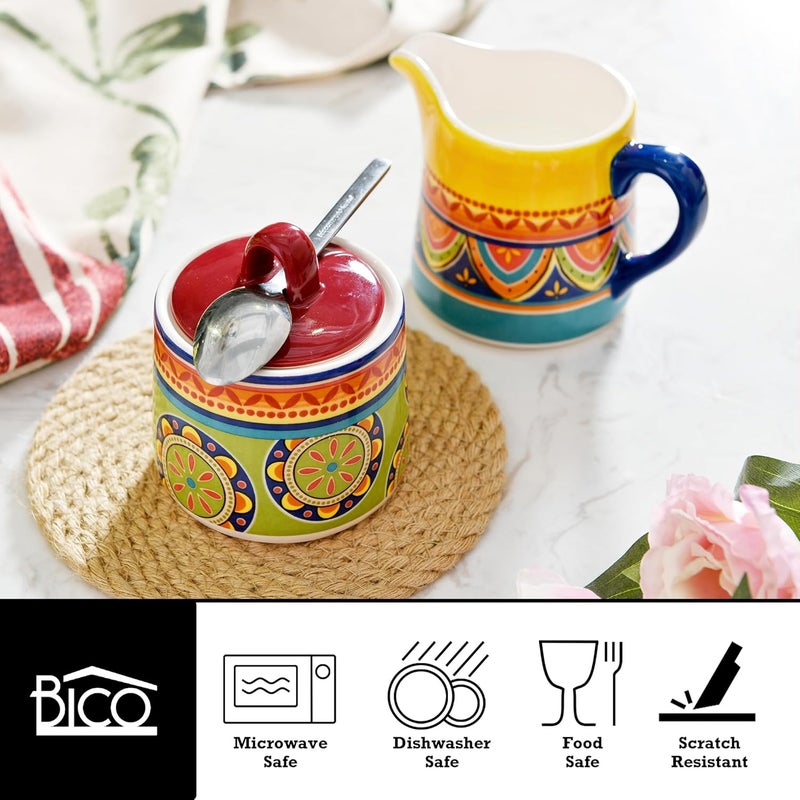 Bico Tunisian Ceramic Sugar and Creamer Set, Sugar Bowl with Lid, Cute Container for Coffee Bar, Kitchen Countertop Accessories, Microwave and Dishwasher Safe - Image 3