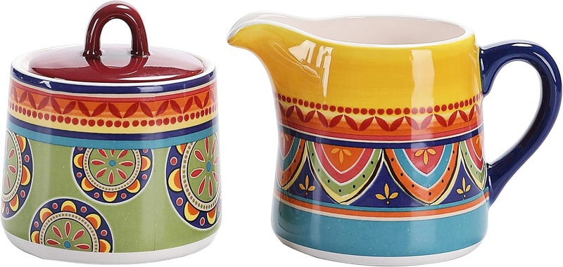Bico Tunisian Ceramic Sugar and Creamer Set, Sugar Bowl with Lid, Cute Container for Coffee Bar, Kitchen Countertop Accessories, Microwave and Dishwasher Safe - Image 1