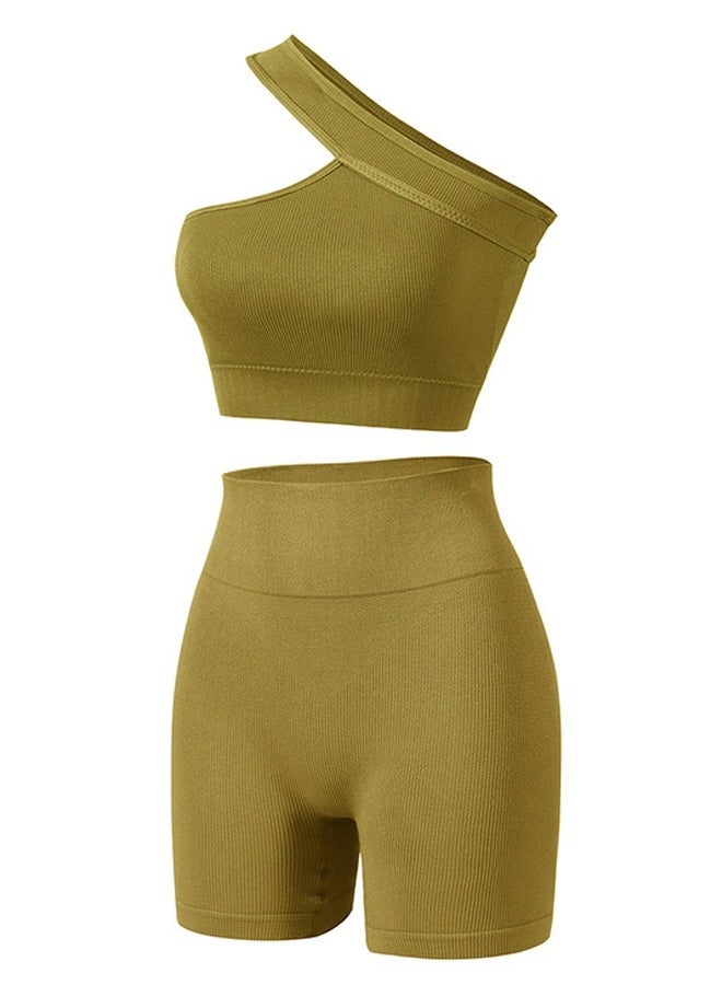 Loquat Women's Solid Color Sport Fitness Lingerie Set 2-piece Seamless Wireless Sloping Shoulders Vest+High Waist Boxer Briefs Sport Suit Lemon Yellow 