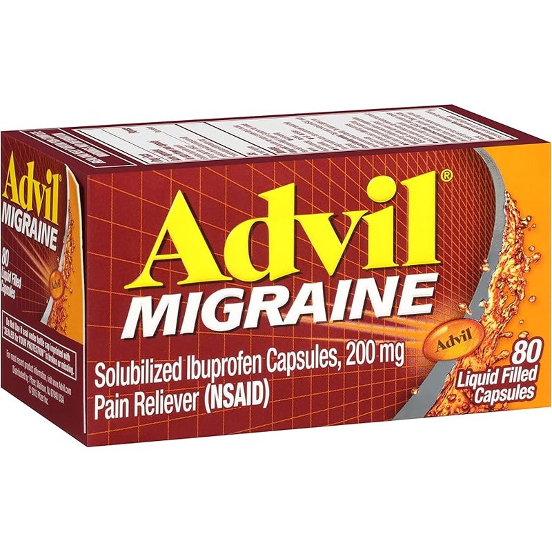 Advil Migraine Pain Reliever, Solubilized Ibuprofen 200mg, 80 Count, Liquid Filled Capsules, Powerful Migraine Relief - Image 1