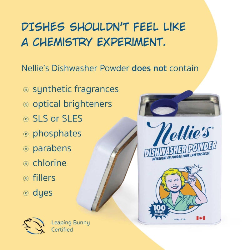 Nellie's Dishwasher Powder - Tough on Food Residue, Plant-Based Ingredients, Spotless Clean, High-Efficiency Dishwashing Solution - 100 Scoop Tin - (Made in Canada) - Image 2