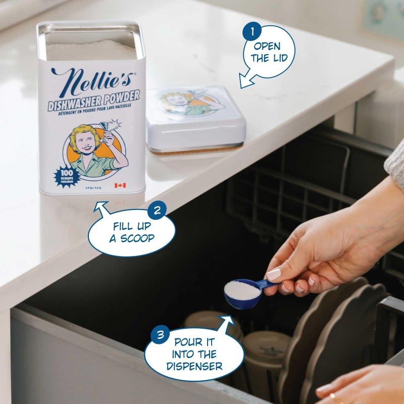 Nellie's Dishwasher Powder - Tough on Food Residue, Plant-Based Ingredients, Spotless Clean, High-Efficiency Dishwashing Solution - 100 Scoop Tin - (Made in Canada) - Image 4