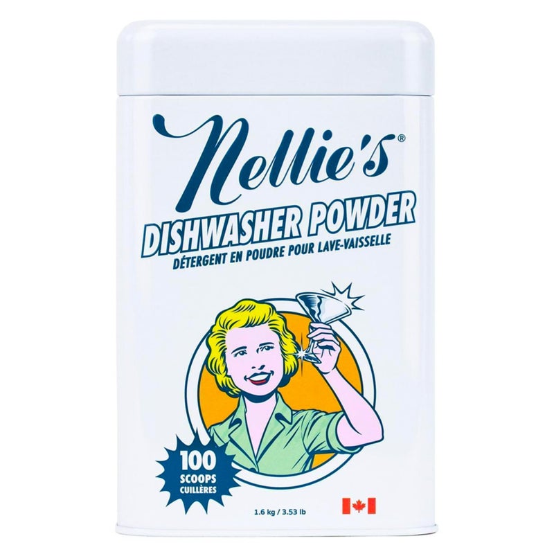 Nellie's Dishwasher Powder - Tough on Food Residue, Plant-Based Ingredients, Spotless Clean, High-Efficiency Dishwashing Solution - 100 Scoop Tin - (Made in Canada) - Image 1