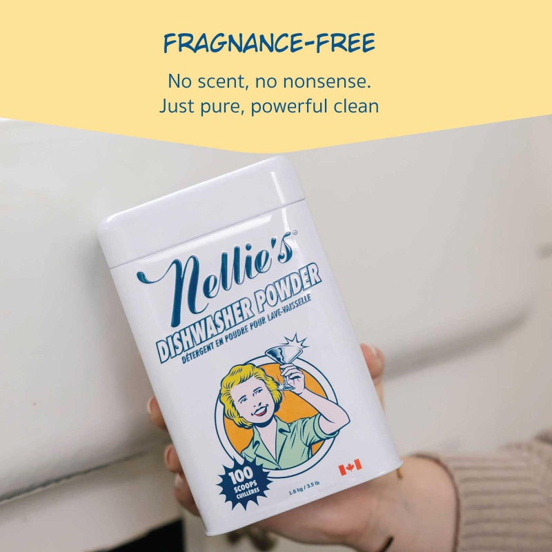 Nellie's Dishwasher Powder - Tough on Food Residue, Plant-Based Ingredients, Spotless Clean, High-Efficiency Dishwashing Solution - 100 Scoop Tin - (Made in Canada) - Image 3