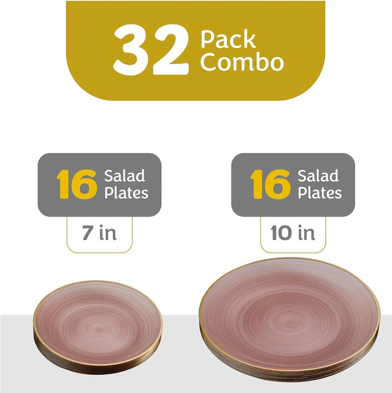 PLASTICPRO 32 Pieces Crystal Design Plastic Plates Combo Pack 16-7 inch and 16-10 inch with Gold Rim Elegant Disposable Plates, Rose Color with Gold Rim - Image 2
