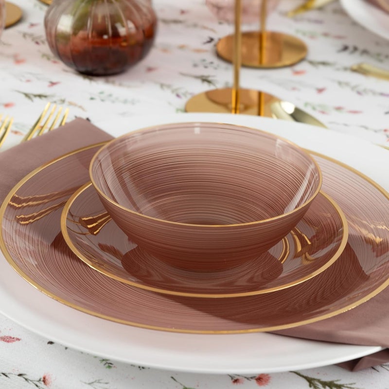 PLASTICPRO 32 Pieces Crystal Design Plastic Plates Combo Pack 16-7 inch and 16-10 inch with Gold Rim Elegant Disposable Plates, Rose Color with Gold Rim - Image 4