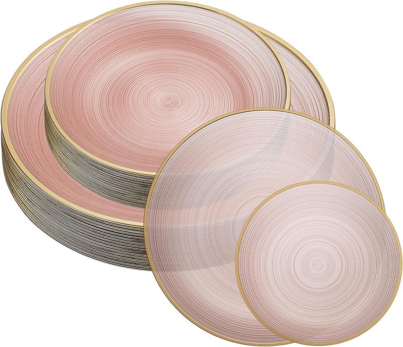 PLASTICPRO 32 Pieces Crystal Design Plastic Plates Combo Pack 16-7 inch and 16-10 inch with Gold Rim Elegant Disposable Plates, Rose Color with Gold Rim - Image 1