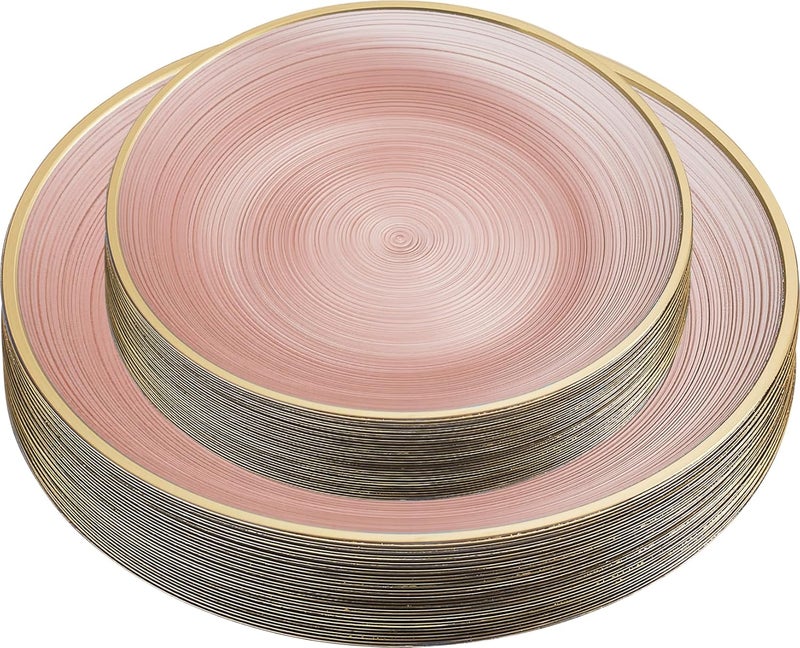 PLASTICPRO 32 Pieces Crystal Design Plastic Plates Combo Pack 16-7 inch and 16-10 inch with Gold Rim Elegant Disposable Plates, Rose Color with Gold Rim - Image 5