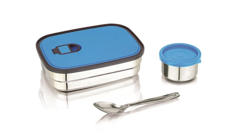 Nabhya Brazil Medium Stainless Steel Tiffin Box for Kids, Airtight Leak Proof Lunch Box with Mini Katori Inside with Free Spoon | Meal Lunch Box for School, Boys & Girls-670ml (Medium, Blue) - Image 1