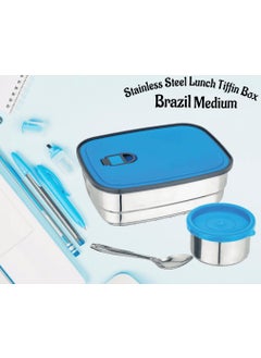 Nabhya Nabhya Brazil Medium Stainless Steel Tiffin Box for Kids, Airtight Leak Proof Lunch Box with Mini Katori Inside with Free Spoon | Meal Lunch Box for School, Boys & Girls-670ml (Medium, Blue)  - Image 4