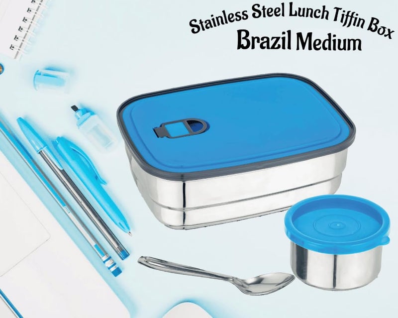 Nabhya Brazil Medium Stainless Steel Tiffin Box for Kids, Airtight Leak Proof Lunch Box with Mini Katori Inside with Free Spoon | Meal Lunch Box for School, Boys & Girls-670ml (Medium, Blue) - Image 4