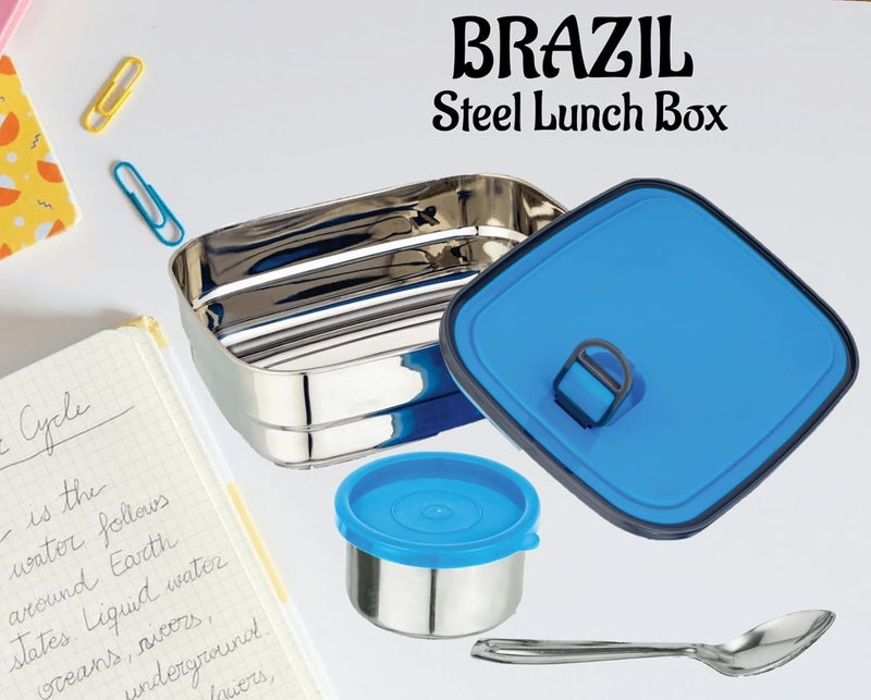 Nabhya Brazil Medium Stainless Steel Tiffin Box for Kids, Airtight Leak Proof Lunch Box with Mini Katori Inside with Free Spoon | Meal Lunch Box for School, Boys & Girls-670ml (Medium, Blue) - Image 2