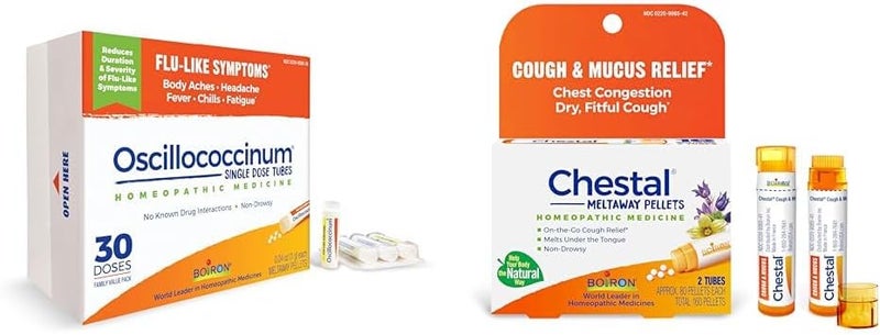 Boiron Oscillococcinum for Relief from FluLike Symptoms of Body Aches Headache Fever Chills and Fatigue  30 Count  Chestal Cough and Mucus Relief for Adults White 80 Count Pack of 2 - Image 1