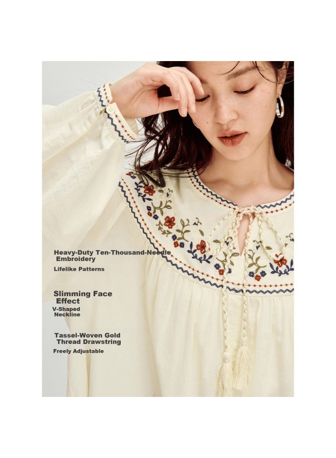 Inman Colorblock Drawstring Lantern Sleeve Shirt Spring New Women's Long Sleeve Shirt Beige M - Image 1