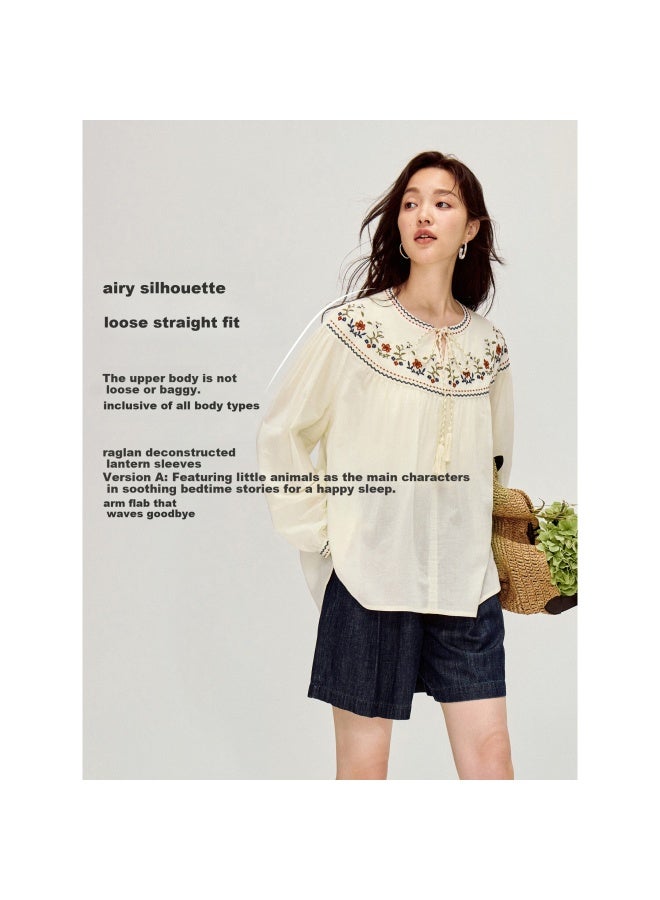 Inman Colorblock Drawstring Lantern Sleeve Shirt Spring New Women's Long Sleeve Shirt Beige M - Image 2