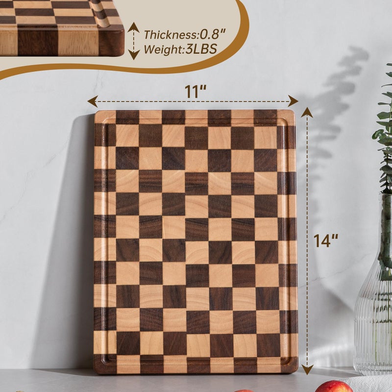 Fyctio Checkered Cutting Board, Wooden Cutting Boards for Kitchen, Acacia Wood Cutting Board with Handle & Juice Grooves, Small Charcuterie Boards with Gift Box 14" X 11" X 0.8" - Image 3