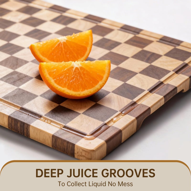 Fyctio Checkered Cutting Board, Wooden Cutting Boards for Kitchen, Acacia Wood Cutting Board with Handle & Juice Grooves, Small Charcuterie Boards with Gift Box 14" X 11" X 0.8" - Image 4
