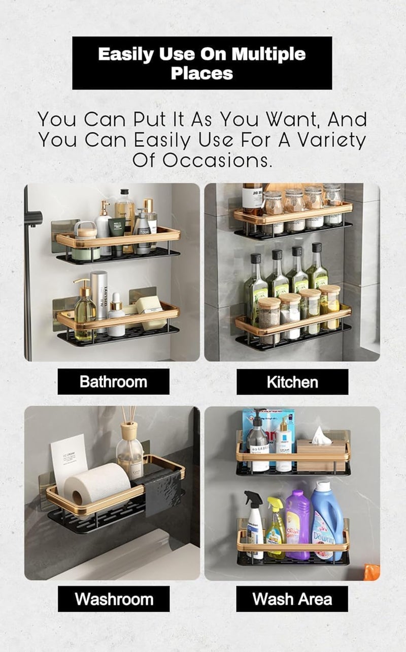 KINJORU 1 Pcs Bathroom Shelf for Wall, Gold Aluminum Bathroom Organiser, Wall Mounted Bathroom Shelves, Large Capacity Adhesive Bathroom Shelf.. - Image 5