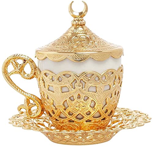 Alisveristime 1 Pc Turkish Coffee Cup  Traditional Design with Crescent Motif Porcelain Cup and Saucer for Turkish Greek Arabic Coffee and Espresso Gelincik Gold