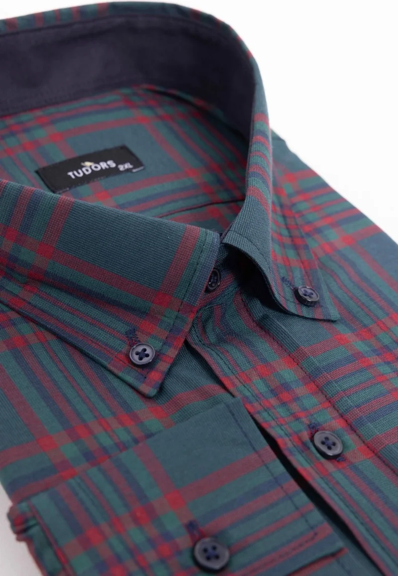 Tudors Plus Size Long Sleeve Plaid Piped Collar Button-Down Men's Shirt