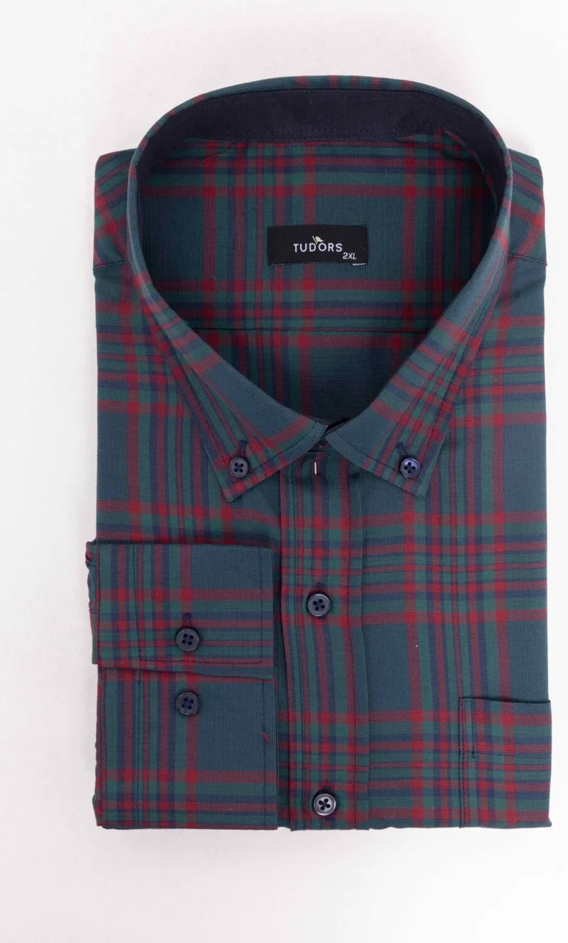 Tudors Plus Size Long Sleeve Plaid Piped Collar Button-Down Men's Shirt